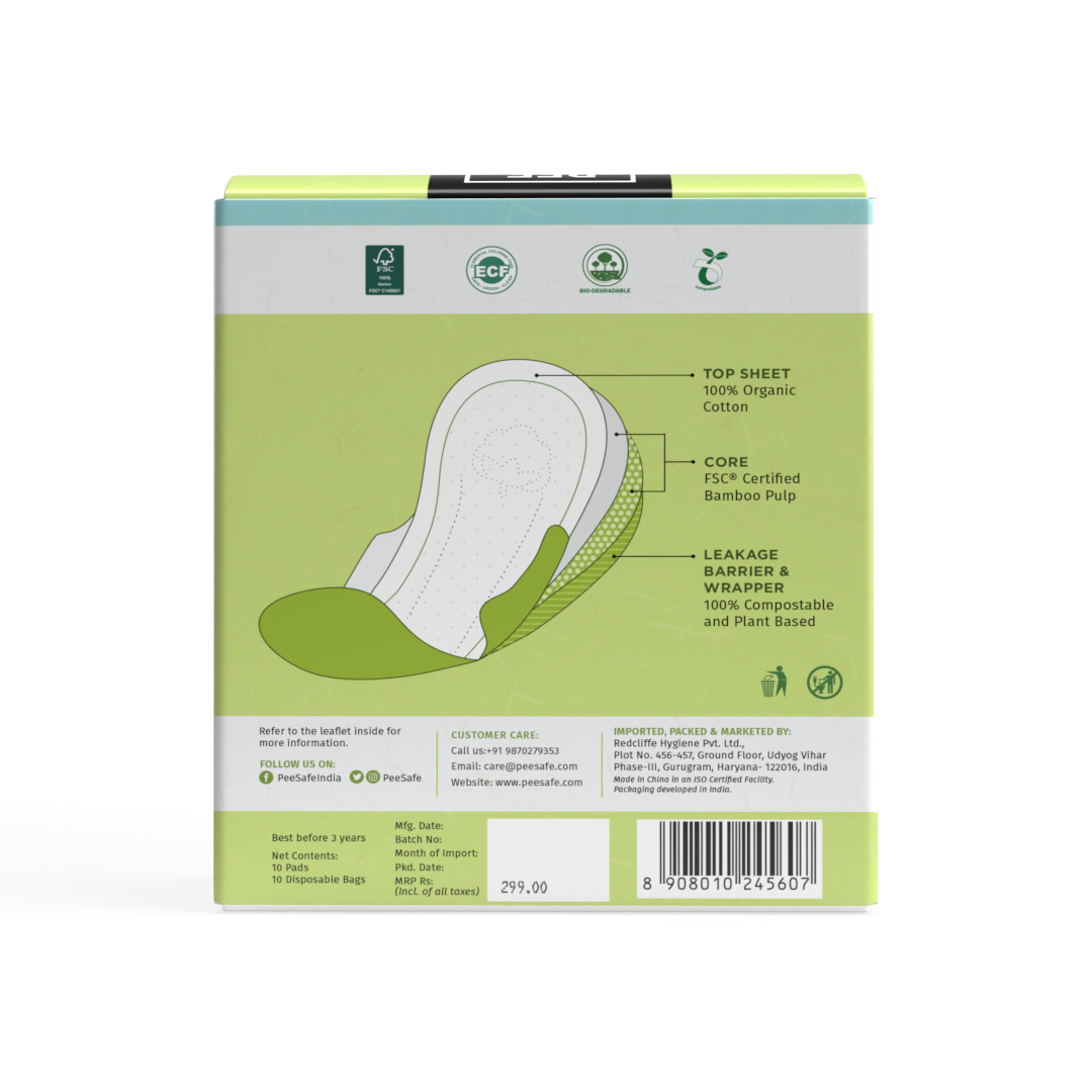 Pee Safe 100% Organic Cotton Biodegradable Overnight Sanitary Pads, 10 ...