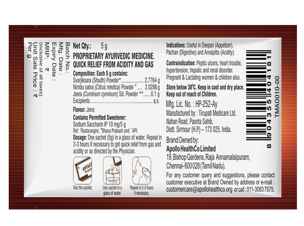 Apollo Pharmacy Antacid Jeera Flavour Powder, 30 gm (5 gm x 6) Price