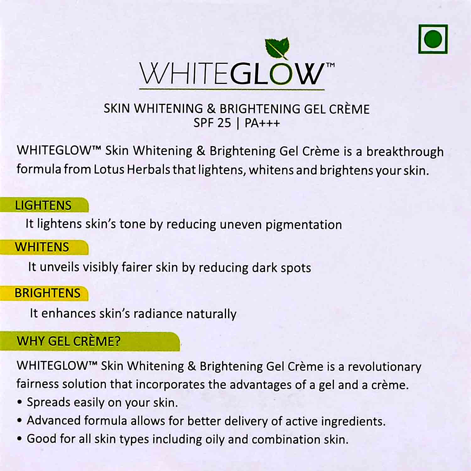 Lotus Herbals Whiteglow Skin Whitening & Brightening Gel Cream SPF 25